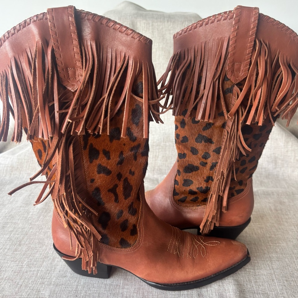 Naked Feet Brown Leopard Fringed Cowboy Boots Sz 6 1/2 M